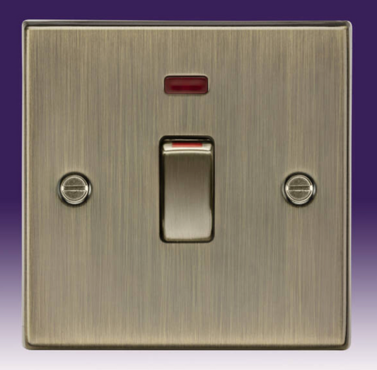 45A DP Switch Sq c/w Neon - Sq Edge Antique Brass
