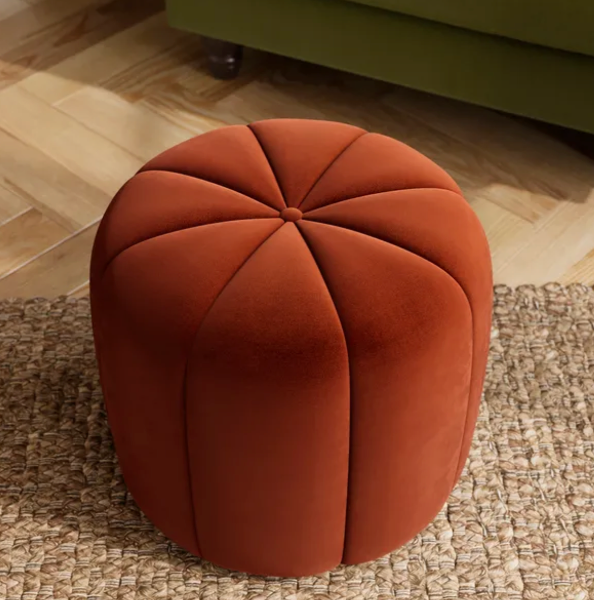 Pumpkin Velvet Footstool, Orange Umber H42 x W47 x D47cm