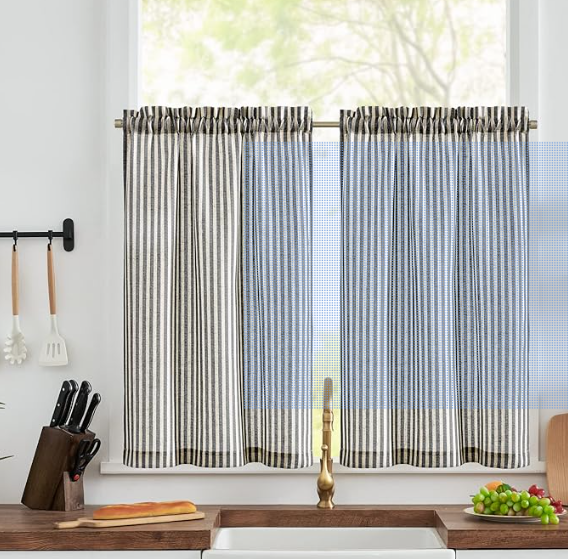 Topick Black Striped Kitchen Curtains W26 X L24, 2 Panels