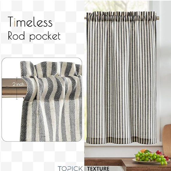 Topick Black Striped Kitchen Curtains W26 X L24, 2 Panels