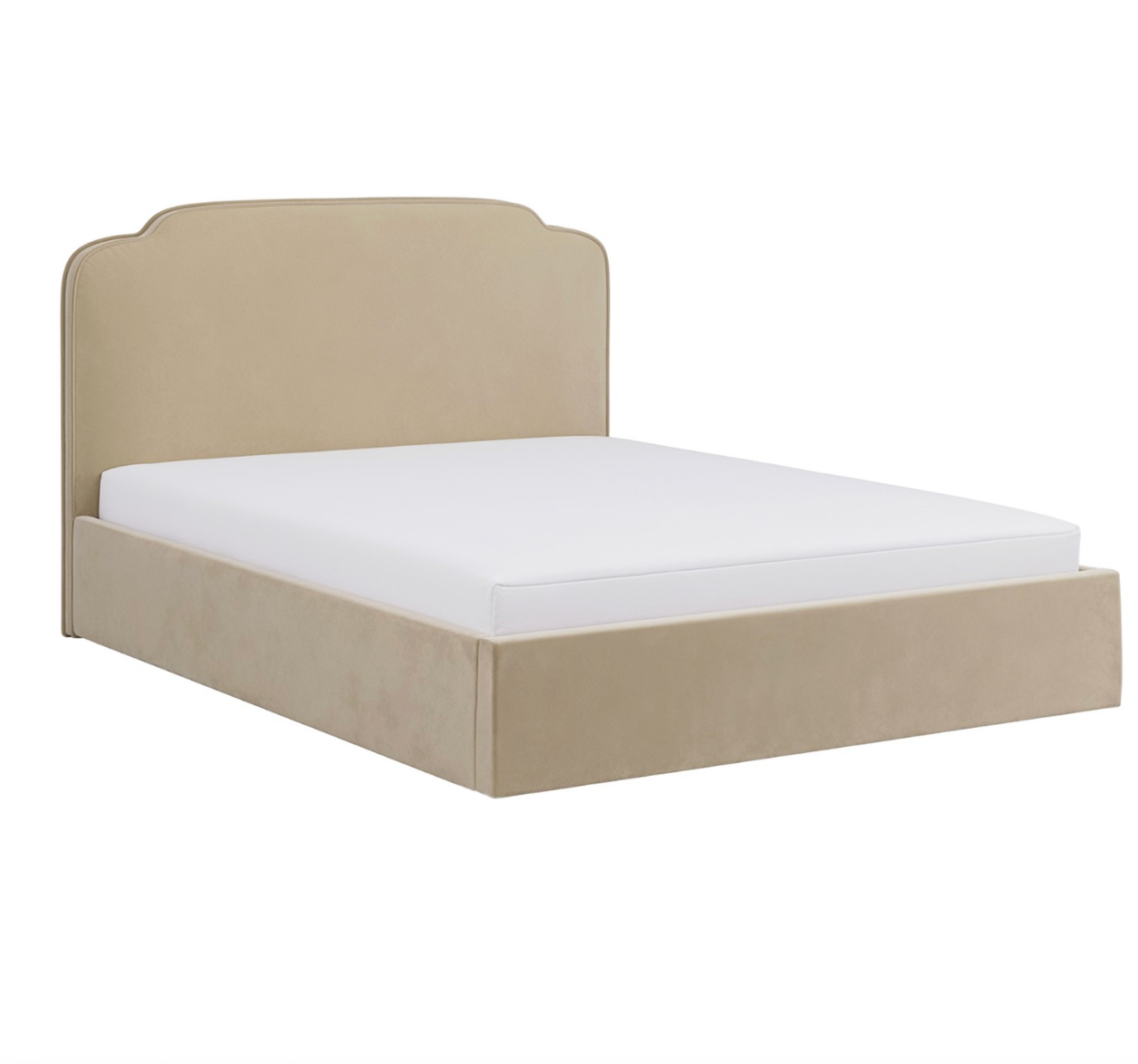 Beige Velvet King Size Ottoman Bed with Scalloped Headboard - Siena W166 x D218 x H111 CM