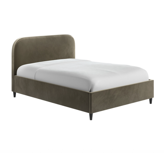 Khaki Green Velvet Upholstered Double Bed Frame with Curved Headboard - Zara W148 x D206 x H106 CM