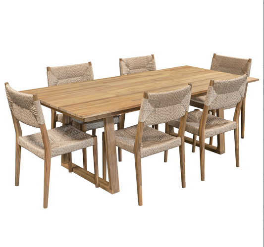 6 Seater Acacia Wood Outdoor Garden Table and Chairs Dining Set, 220 X 100 X 78CM