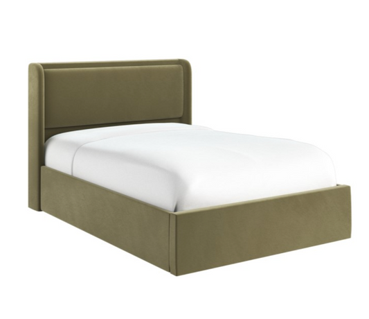 Moss Green Velvet Double Ottoman Bed with Cushioned Headboard - Frida, W150 x D207.5 x H115 cm
