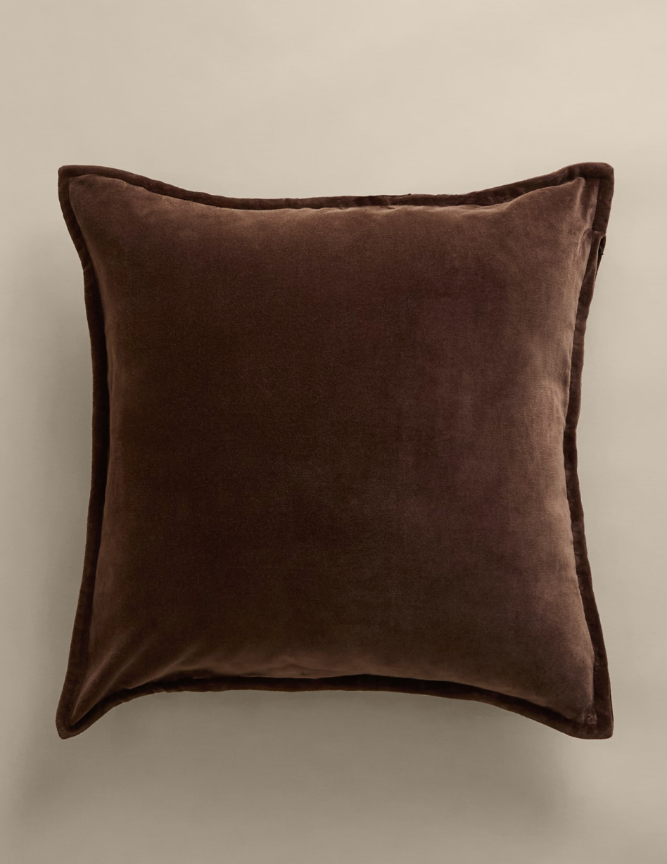 Pure Cotton Velvet Fringed Cushion, Chocolate