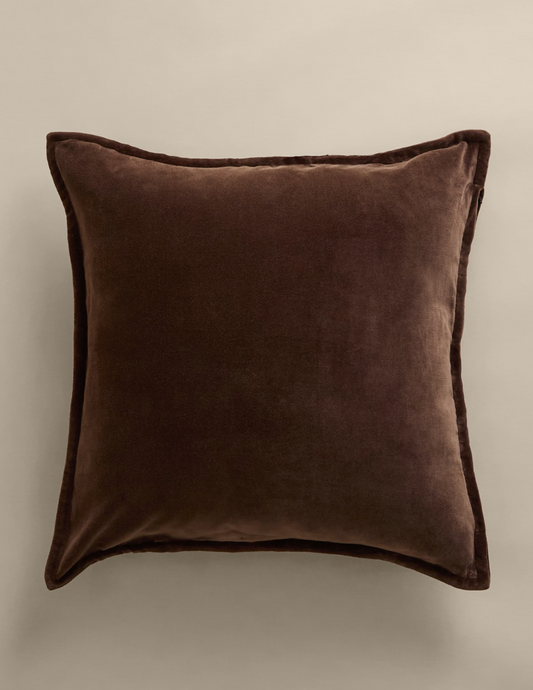Pure Cotton Velvet Fringed Cushion, Chocolate