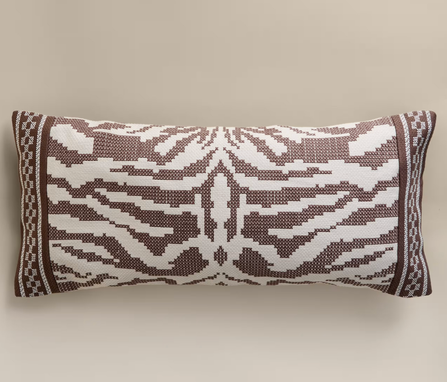 Pure Cotton Abstract Embroidered Bolster Cushion, Brown Mix