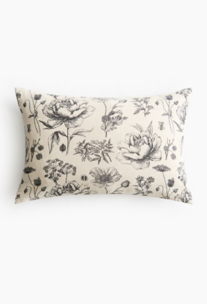 Linen-blend cushion cover, Light beige/Black floral - 40 X 60CM