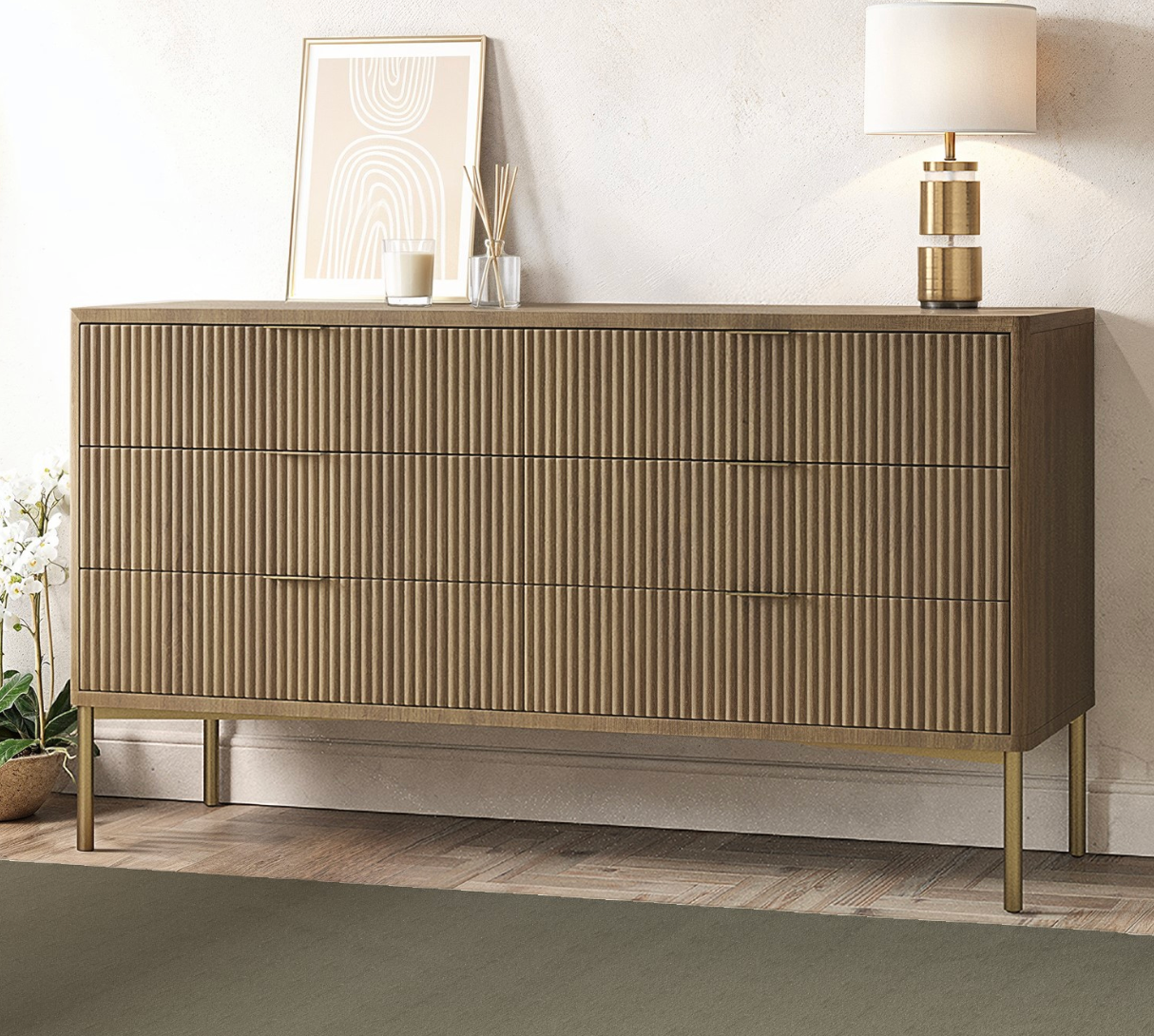 Wide Dark Wood Ribbed Chest of 6 Drawers with Bronze Legs - Valencia