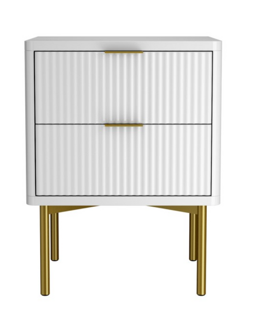 Modern Ribbed White High Gloss 2 Drawer Bedside Table - Valencia