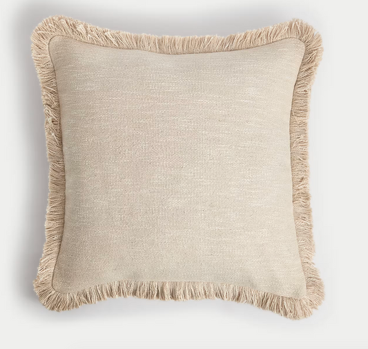 Pure Cotton Textured Fringe Cushion, Ecru - W45 X H45 CM