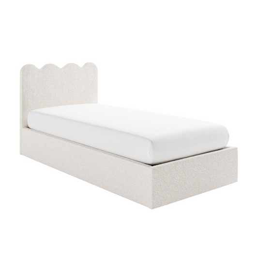 Cream Boucle Single Ottoman Bed with Scalloped Headboard - Boba, W102 x D210 x H100 cm