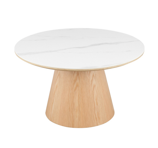 Large Oak and White Marble Effect Round Coffee Table - Malia, Wood