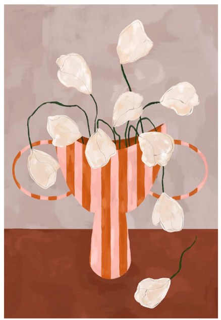Frankie Penwill, White Flowers in Striped Vase (50x70 cm)