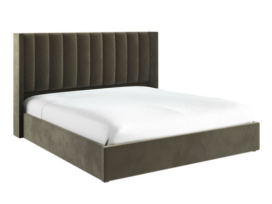 Khaki Velvet Super King Ottoman Bed with Winged Headboard - Maddox