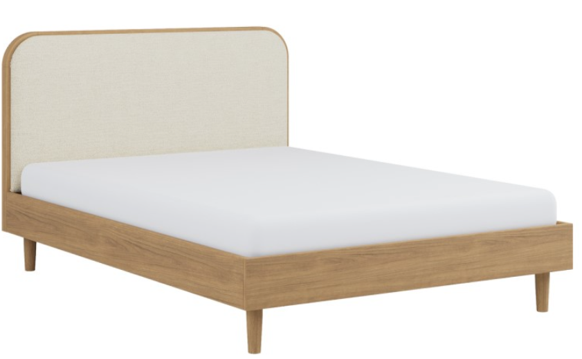 Oak Double Wooden Bed Frame With Upholstered Curved Headboard - Reece