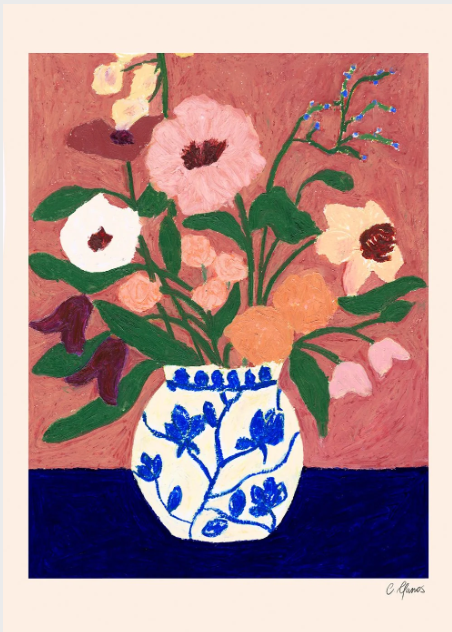 Carla Llanos, Flowers on Blue Table (50x70 cm)