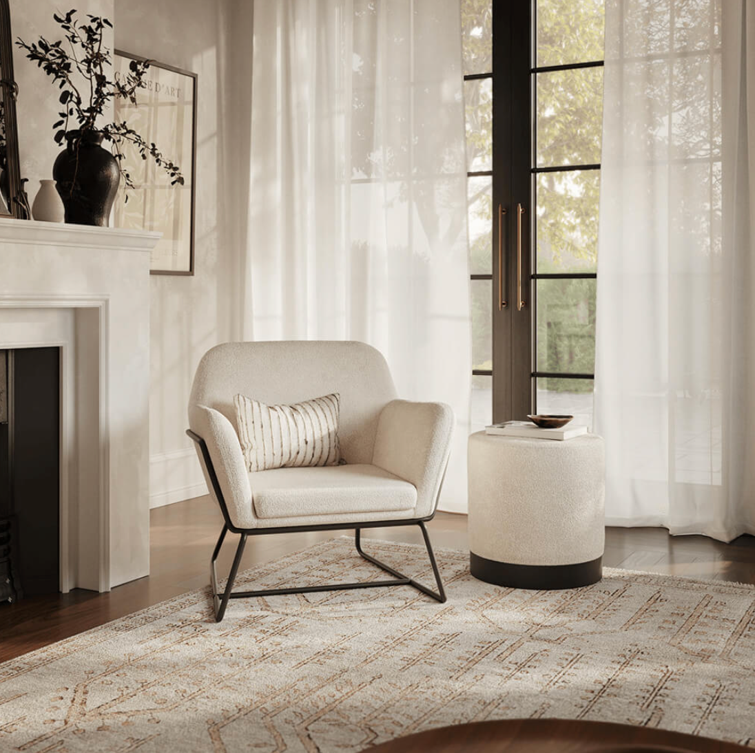 Lara Ivory Boucle Small Pouffe, 415 X 415 X 440