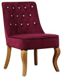 Accent Chair Upholstered, Crushed Velvet, Wooden Legs and Crystal Buttons, Plum