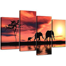 Orange Canvas Art Pictures Africa Elephants Wall Prints, 123x70cm