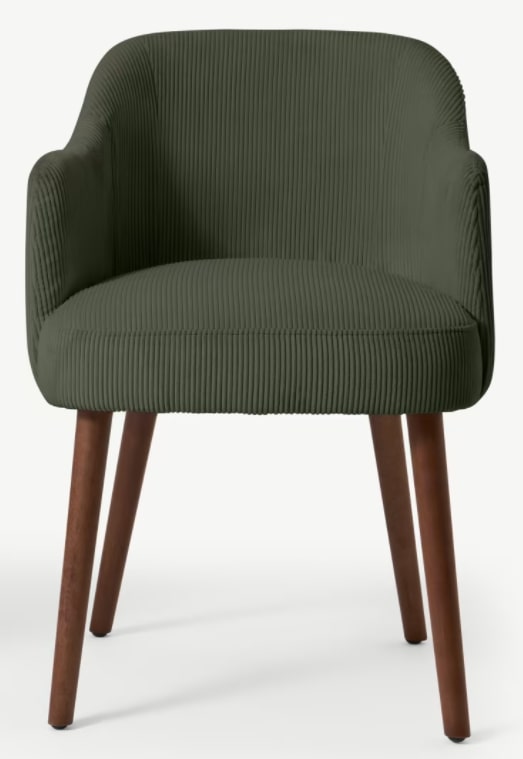 Swinton Carver Dining Chairs, Sage Corduroy Velvet with Dark Stain Legs, 59 x 52 x 76cm