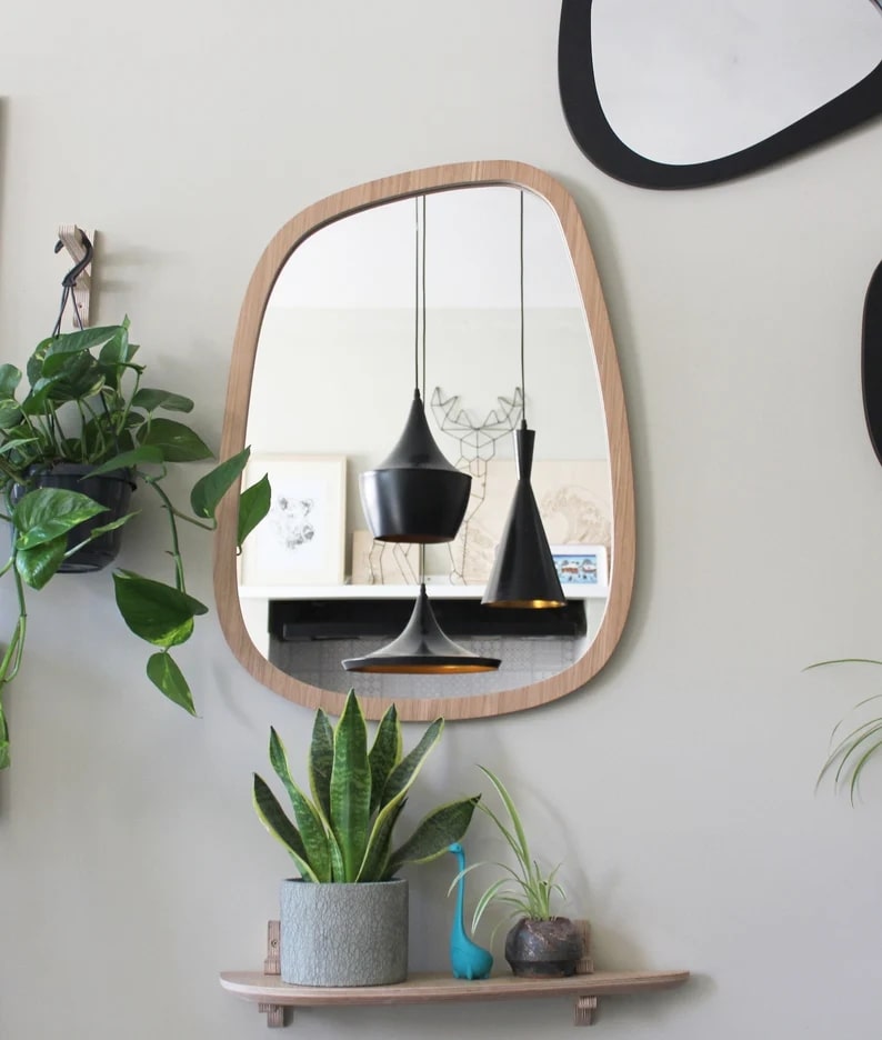 Wall Mirror - Slim Frame- Organic Pebble Shape - Oak Veneered Plywood