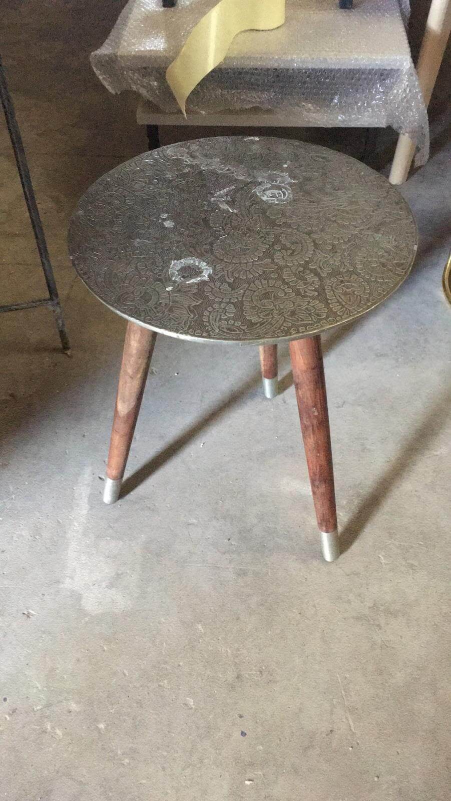 Round Side Table with Table top carving and Wooden legs