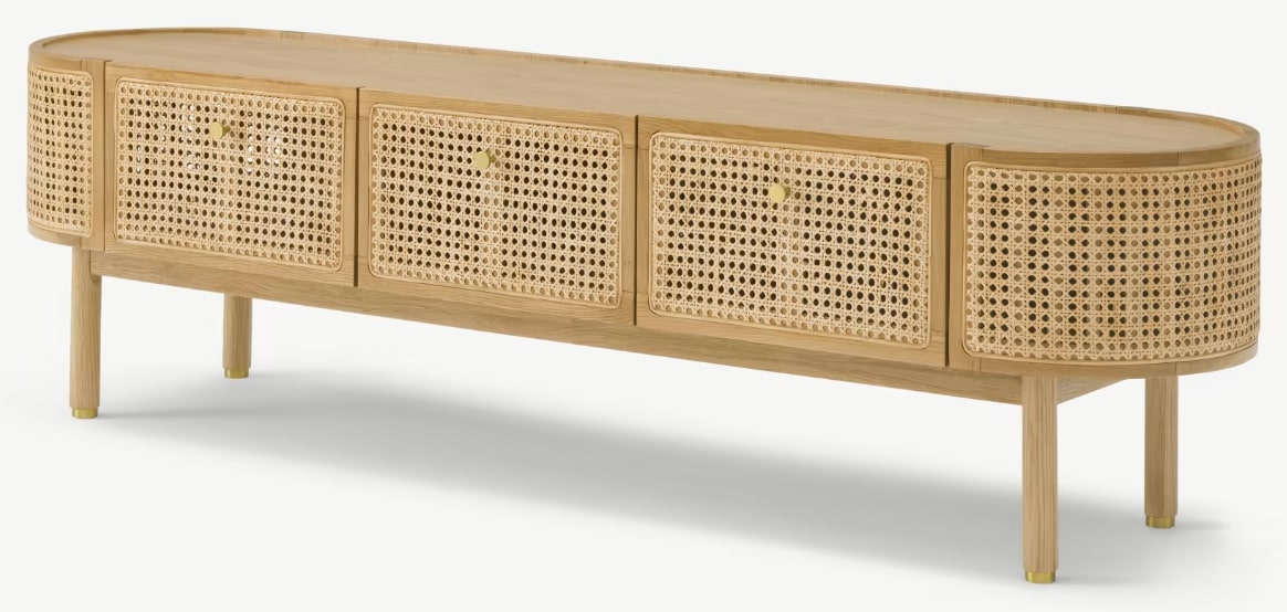MADE.COM ANKHARA WIDE MEDIA UNIT IN OAK & RATTAN, 175x45x48cm