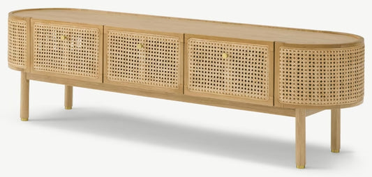 MADE.COM ANKHARA WIDE MEDIA UNIT IN OAK & RATTAN, 175x45x48cm