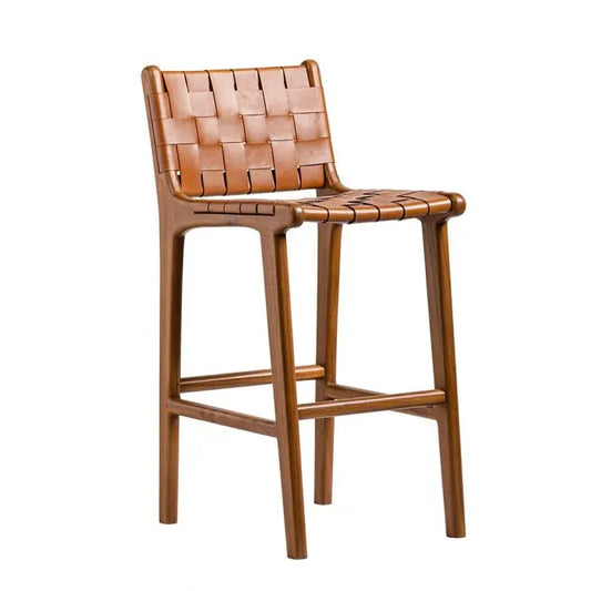 London Bar Stool - Tan Real Leather Seat - Teak Base - 64cm