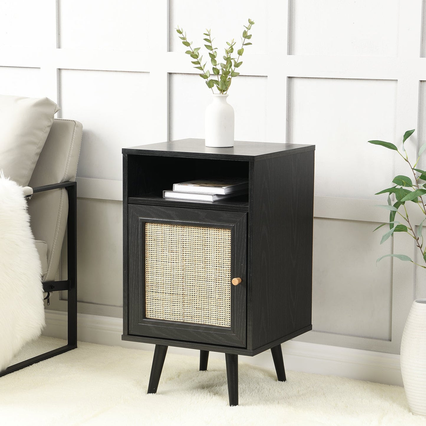 Frances Woven Rattan 1-Door Bedside Table in Black, 40x39x69.8cm