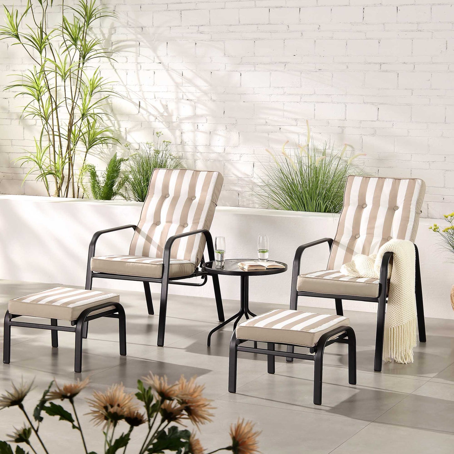 Champneys 2-Seater Steel and Fabric Outdoor Reclining Bistro Set with Stool, Taupe