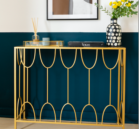 Set Of 2 Console Tables, metal. Gold finish, with mirrored tops, 35x100x87cm
