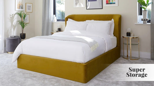 Mellow Mustard Yellow Velvet King Size Ottoman Bed, 172x238x119cm