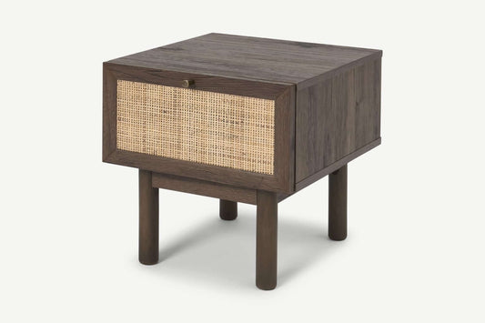 Pavia Bedside Table, Natural Rattan & Walnut Effect, 42x39x40cm