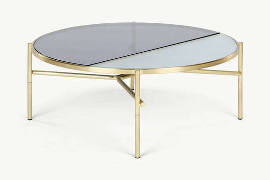 Made.com Stanley Coffee Table, Smoked Rippled Glass and Brass, 90x90x35cm