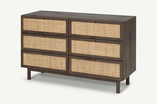 Pavia Wide Chest of Drawers, Natural Rattan & Walnut Effect, 42x120x76cm