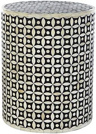 Bone Inlay Round Drum Side Table Black Geometry