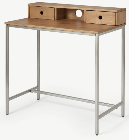 MADE.COM LOMOND COMPACT DESK IN HONEY MANGO WOOD AND BRUSHED STEEL, 45x85x88cm