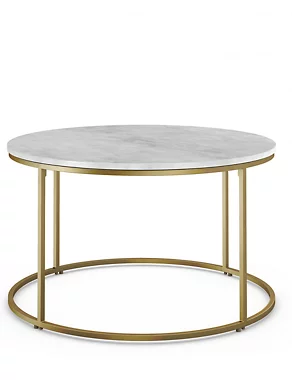 MARKS AND SPENCER ROUND MARBLE COFFEE TABLE WITH BRASS COLOURED BASE, 72x72x42cm