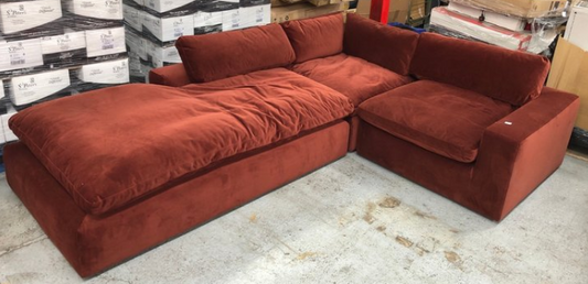 MADE.COM 4 SEATER STANDARD BACK CHAISE LOUNGE SOFA IN RUST RED, 317x340x80cm