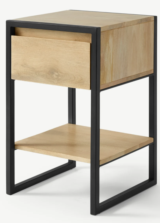 MADE.COM RENA BEDSIDE TABLES IN LIGHT MANGO WOOD AND BLACK METAL, 34x34x56cm