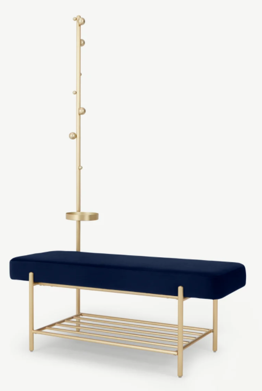 MADE.COM HALL BENCH STAND WITH COAT RACK IN BRASS AND OCEAN BLUE VELVET, 43x110x170cm