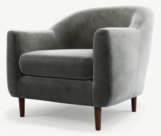 MADE.COM TUBBY ARMCHAIR IN STEEL GREY VELVET WITH DARK WOODEN LEGS, 76x80x73cm