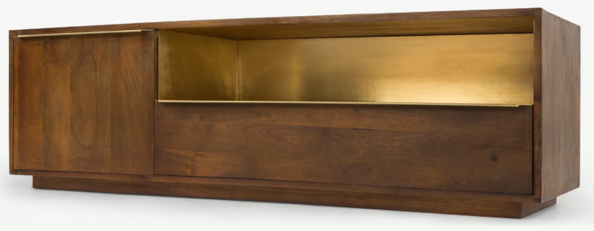 MADE.COM ANDERSON TV STAND IN MANGO WOOD AND BRASS, 44x150x45cm