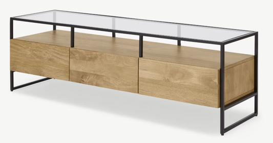 MADE.COM KILBY WIDE TV STAND IN LIGHT MANGO WOOD AND GLASS, 40x148x47cm