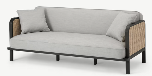 MADE.COM 3 SEATER SOFA IN GREY & RATTAN, 92x194x90cm