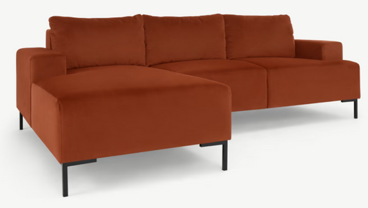 MADE.COM FREDERIK 3 SEATER LEFT HAND FACING CORNER CHAISE END SOFA IN RUST VELVET,  156x235x79cm