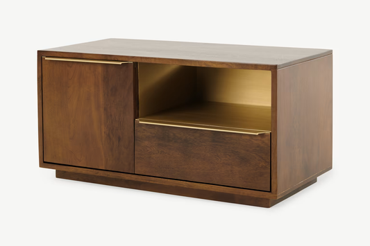 MADE.COM ANDERSON COMPACT MEDIA UNIT IN MANGO WOOD & BRASS, 45x90x45cm