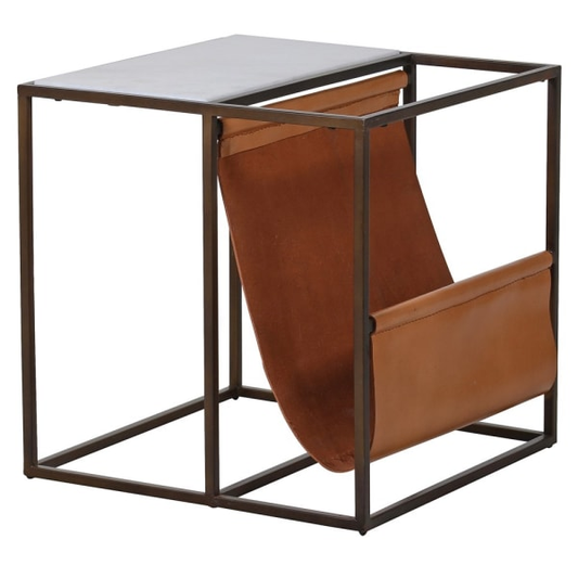 Marble Side Table with Leather Magazine Rack, 45x45x45cm
